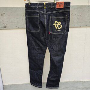 FUBU Jeans Mens 38 x32 Black Denim with Yellow Embroidered Logo - Excellent Cond